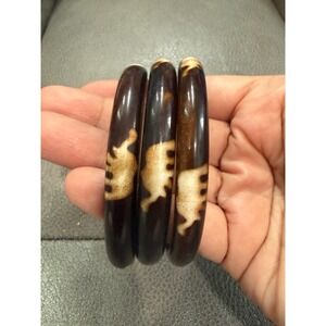 Set of 3 Vintage Bangle Bracelets Brown Cream Batik Pattern